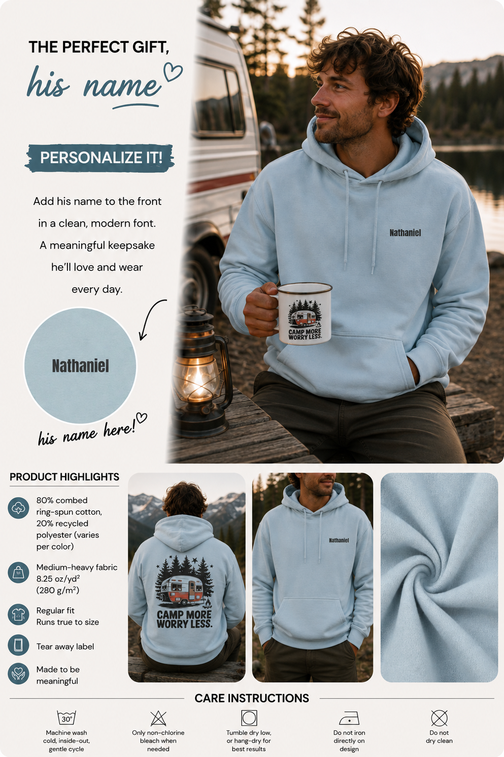 A informational product graphic for a customizable light blue hoodie. The main section shows a man wearing the hoodie outdoors near a campfire and vehicle, holding a mug with a custom printed logo.
