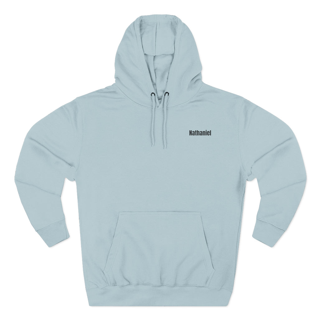 Front view of a light blue personalized hoodie printed with "Camp more, worry less" and embroidered with personalizable name. Special gift him, dad, granddad, boyfriend.