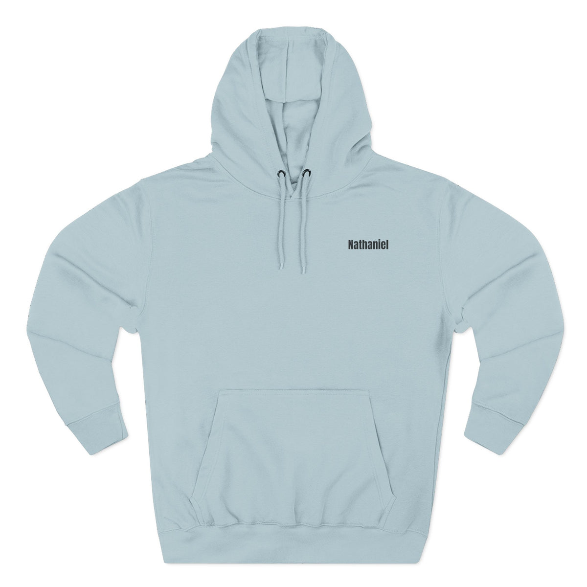 Front view of a light blue personalized hoodie printed with "Camp more, worry less" and embroidered with personalizable name. Special gift him, dad, granddad, boyfriend.