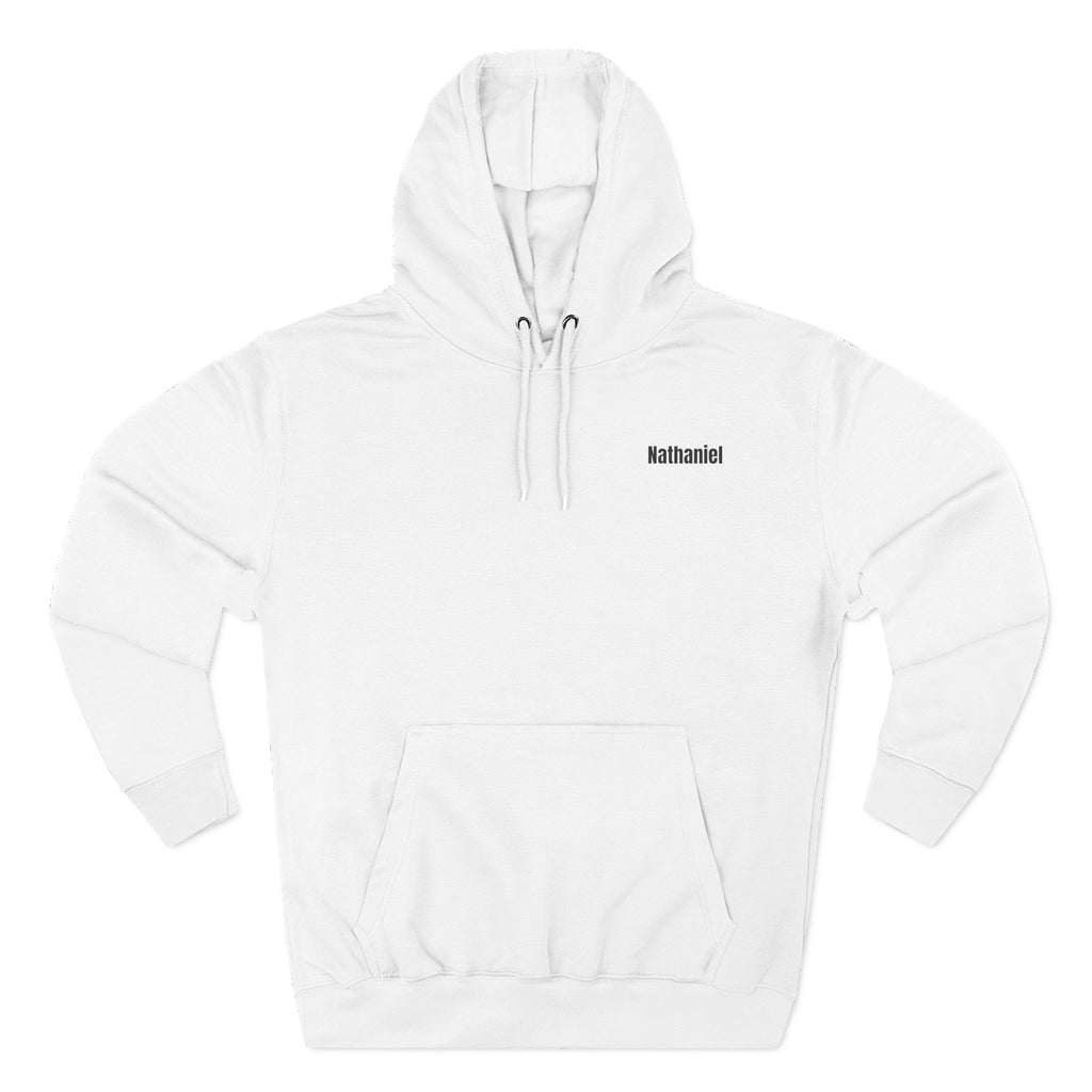 Front view of a white personalized hoodie printed with "Camp more, worry less" and embroidered with personalizable name. Special gift him, dad, granddad, boyfriend.