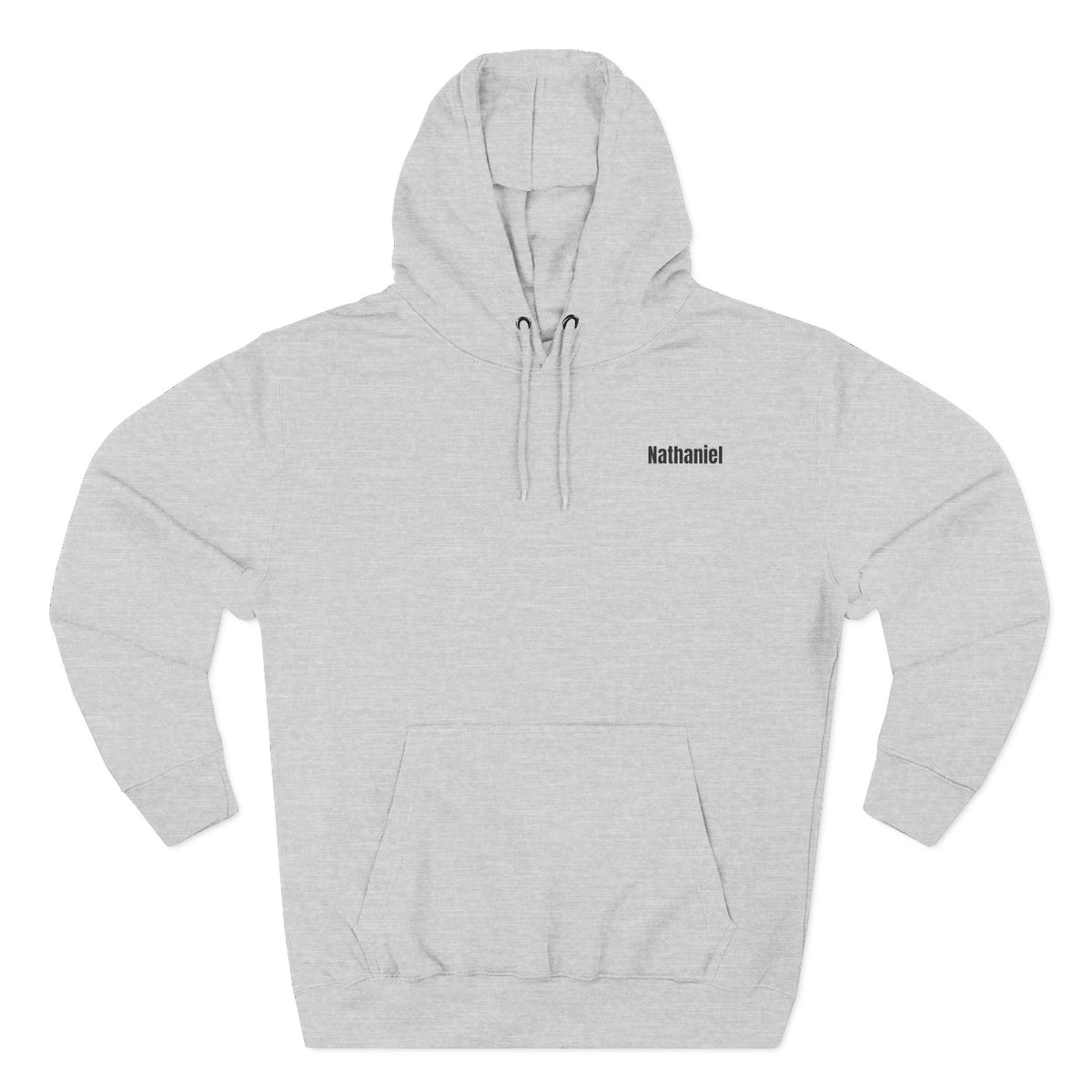 Front view of a light grey personalized hoodie printed with "Camp more, worry less" and embroidered with personalizable name. Special gift him, dad, granddad, boyfriend.