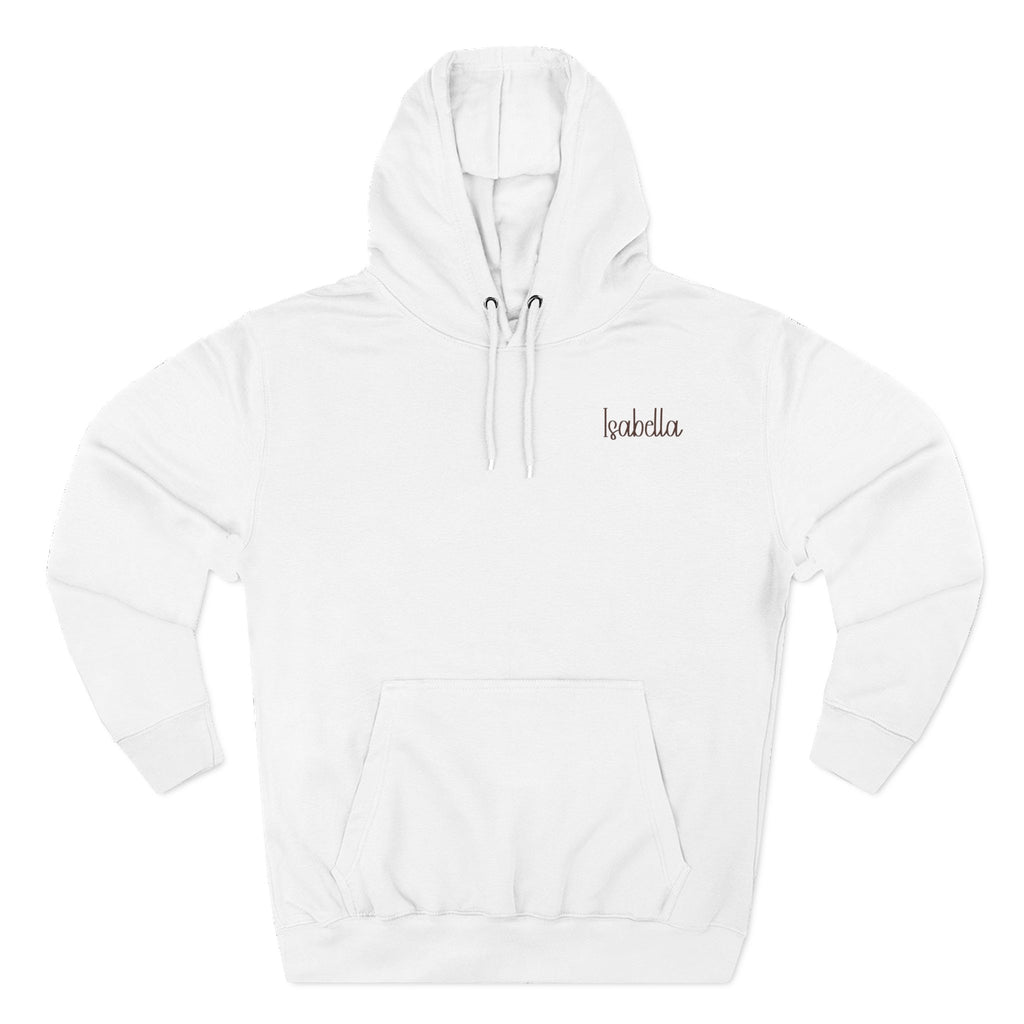 Front view of the white personalized hoodie printed with "Coffee First, Mom Later" and embroidered with "Isabella". For mom, special gift.