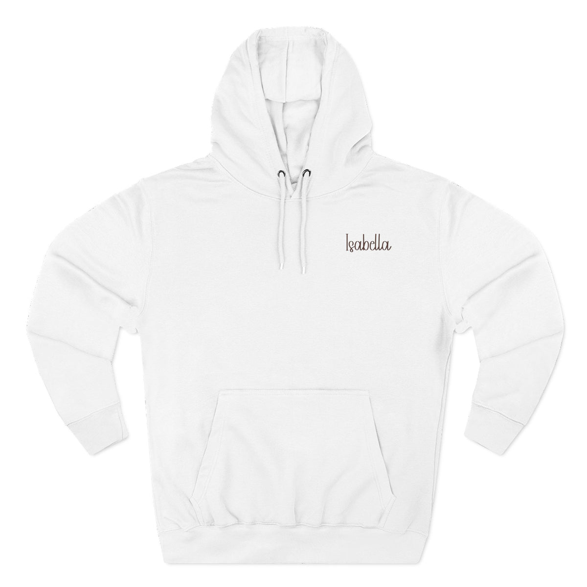 Front view of the white personalized hoodie printed with "Coffee First, Mom Later" and embroidered with "Isabella". For mom, special gift.