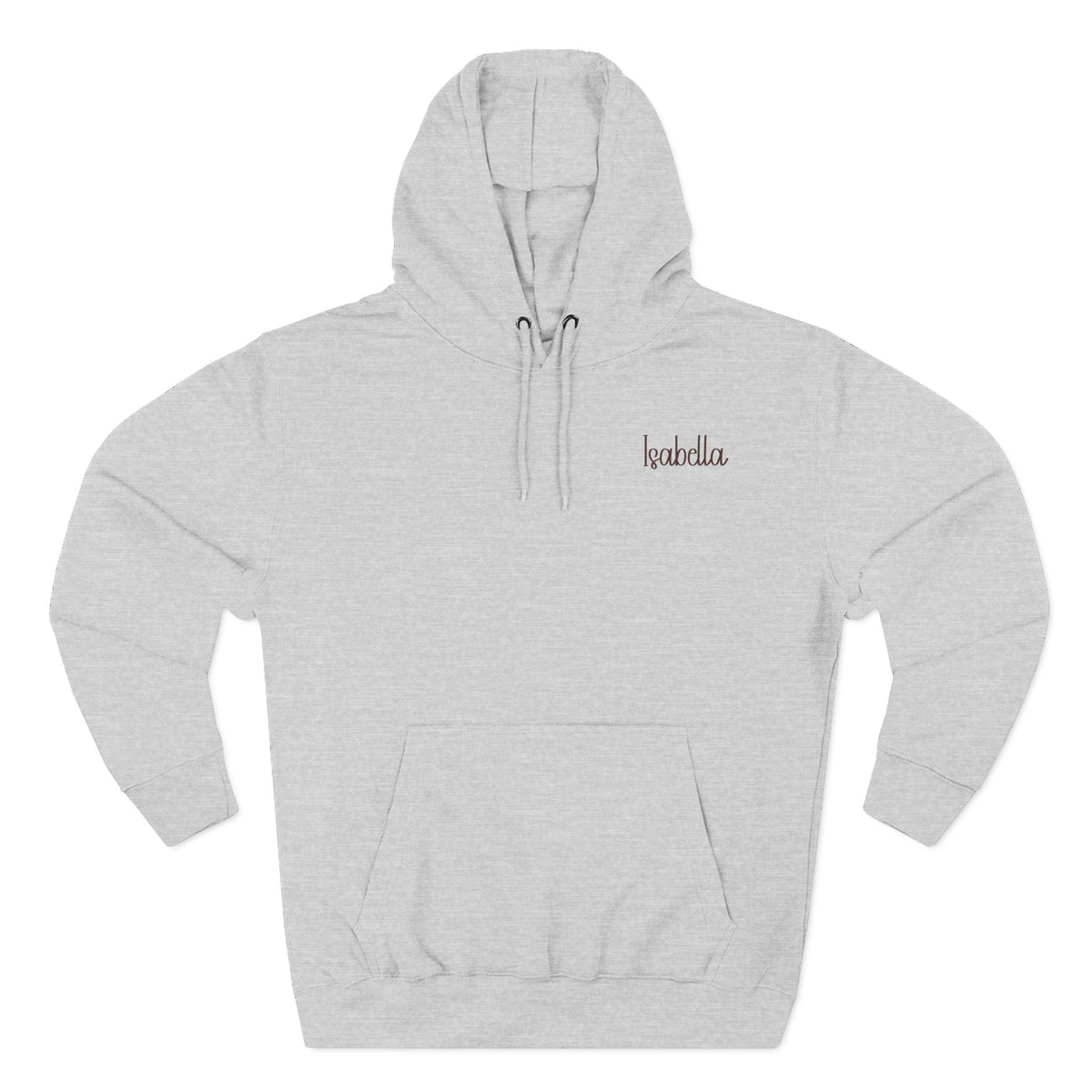 Front view of the heather grey personalized hoodie printed with "Coffee First, Mom Later" and embroidered with "Isabella". For mom, special gift.