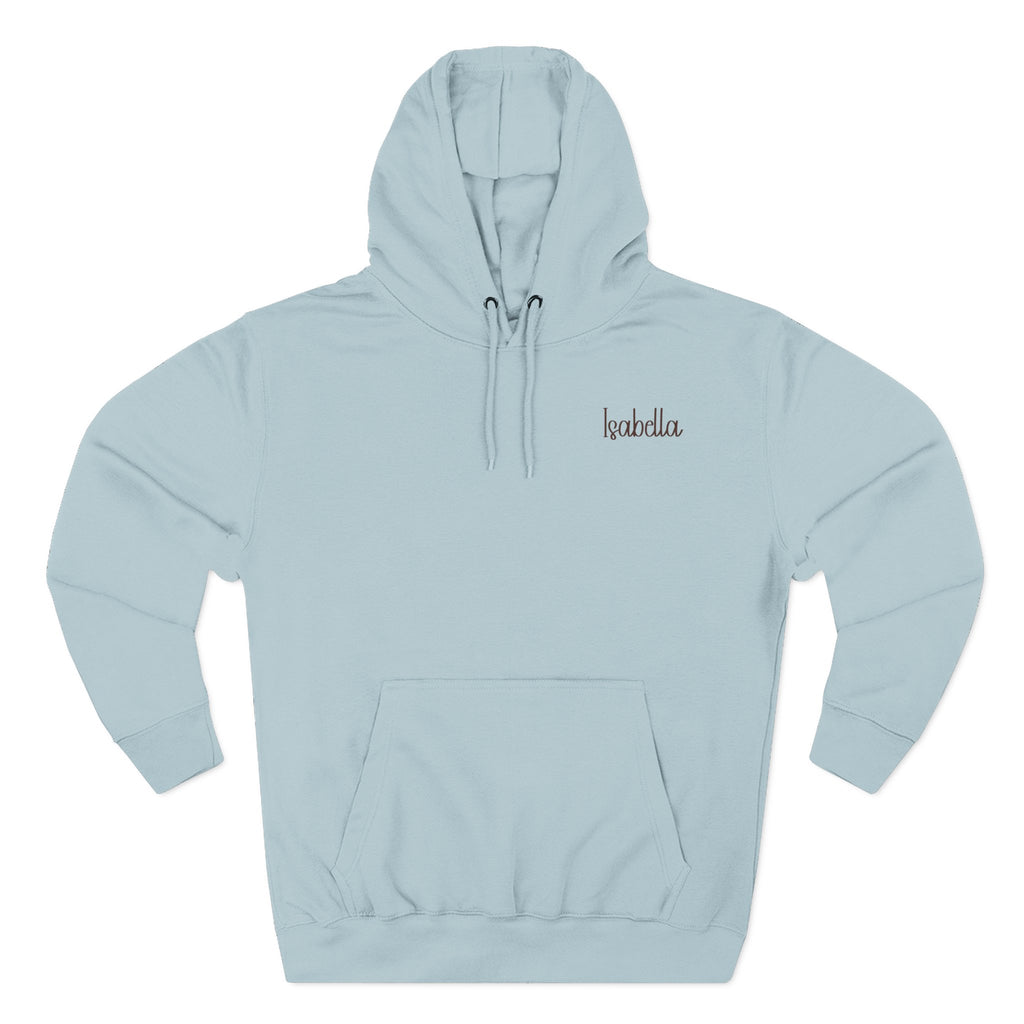 Front view of the light blue mist personalized hoodie printed with "Coffee First, Mom Later" and embroidered with "Isabella". For mom, special gift.
