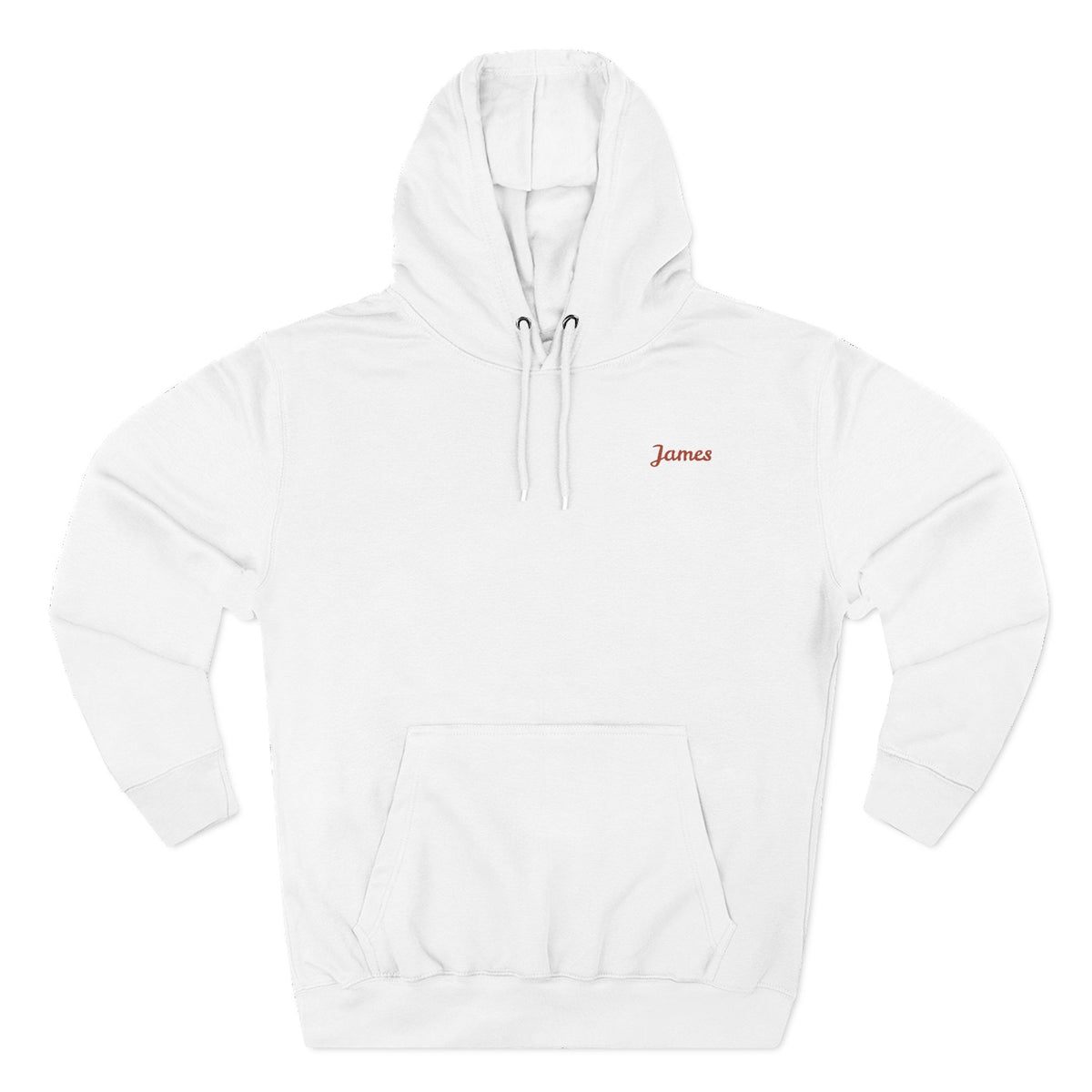 Front view of a white personalized hoodie printed with "Dad Fuel" and embroidered with "James". Special gift him, dad, granddad, boyfriend
