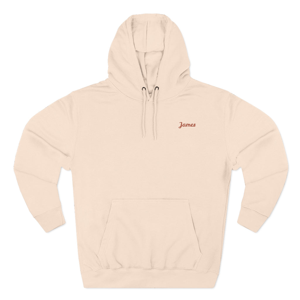 Front view of a pale pink personalized hoodie printed with "Dad Fuel" and embroidered with "James". Special gift him, dad, granddad, boyfriend