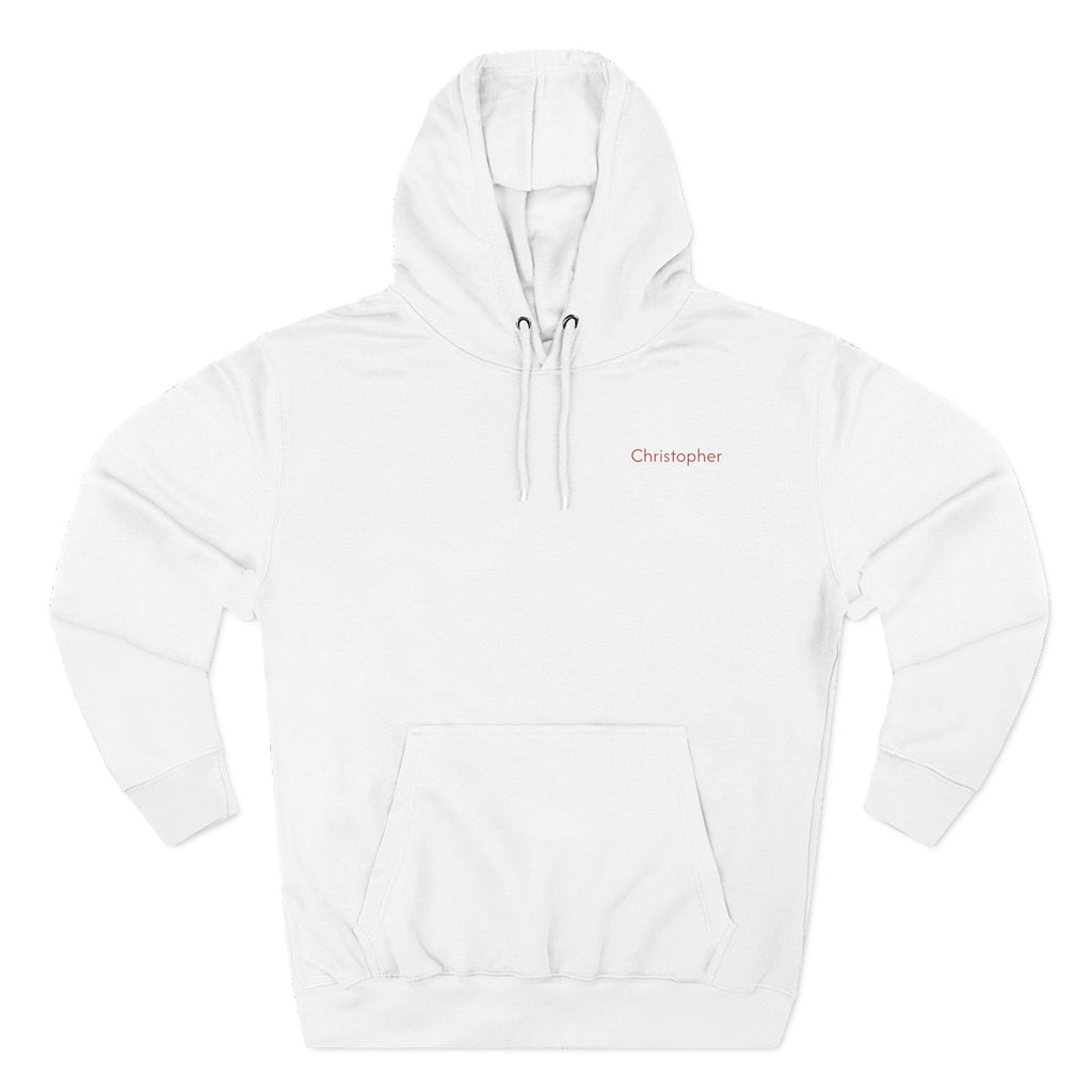 Front view of a white personalized hoodie printed with "Dad's Adventure Club" and embroidered with "Christopher". Name is customizable. Special gift for him.