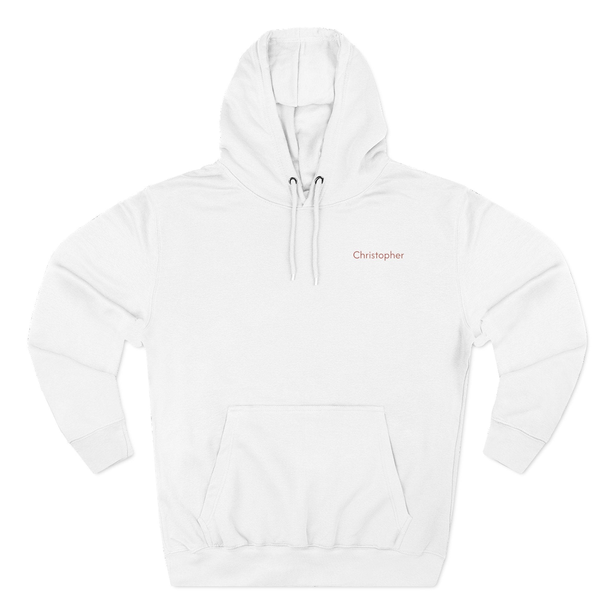 Front view of a white personalized hoodie printed with "Dad's Adventure Club" and embroidered with "Christopher". Name is customizable. Special gift for him.