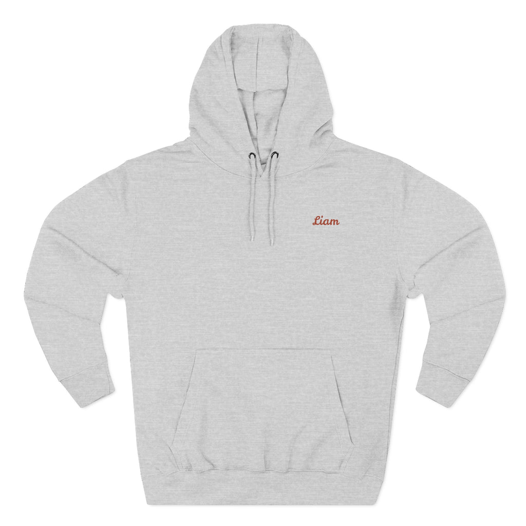 Front view of a light grey personalized hoodie printed with "Got You a Reel Cool Dad" and embroidered with "Liam". Name is customizable. Special gift for him..