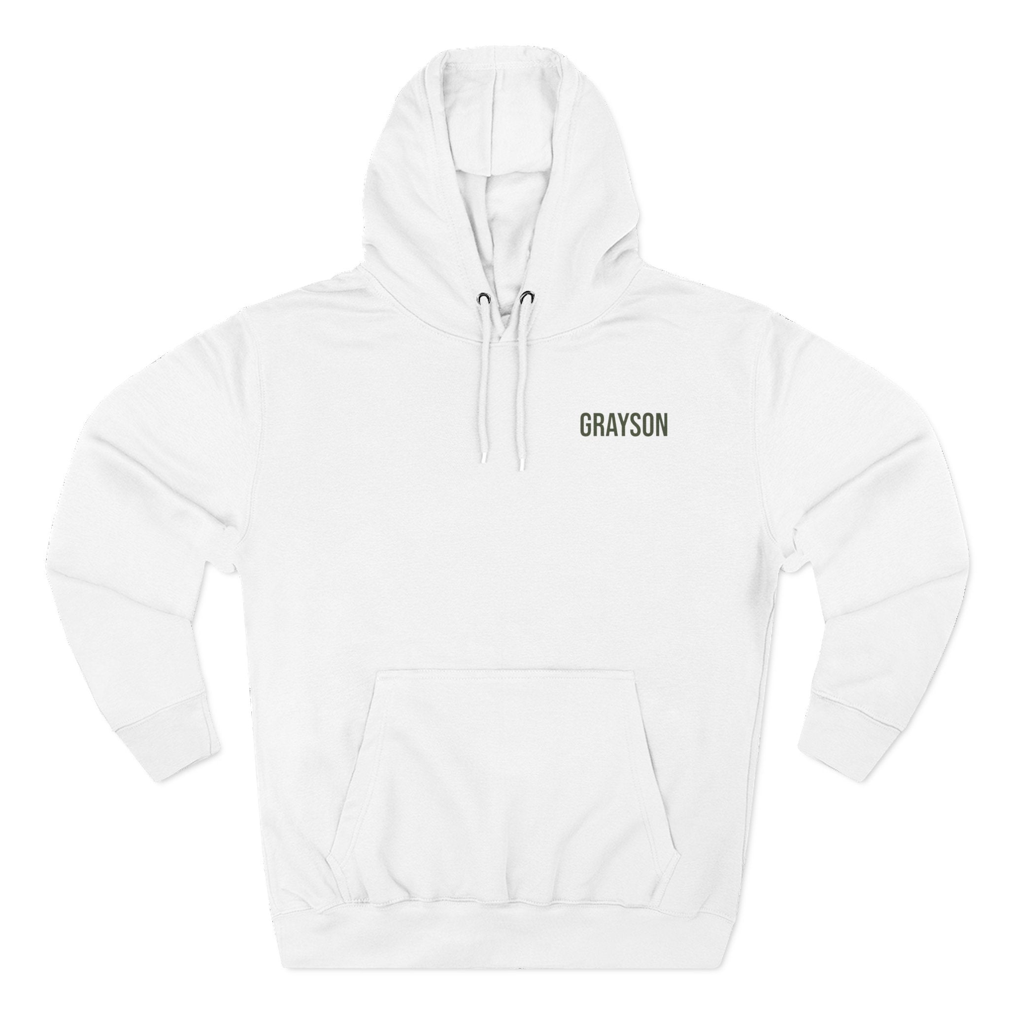 Front view of a white personalizable hoodie. The front has a small black name on the chest is personalizable, and the back features a large square graphic print of a mountain landscape in muted green, yellow, and brown tones. Special gift for him, dad, grandpa, boyfriend etc.
