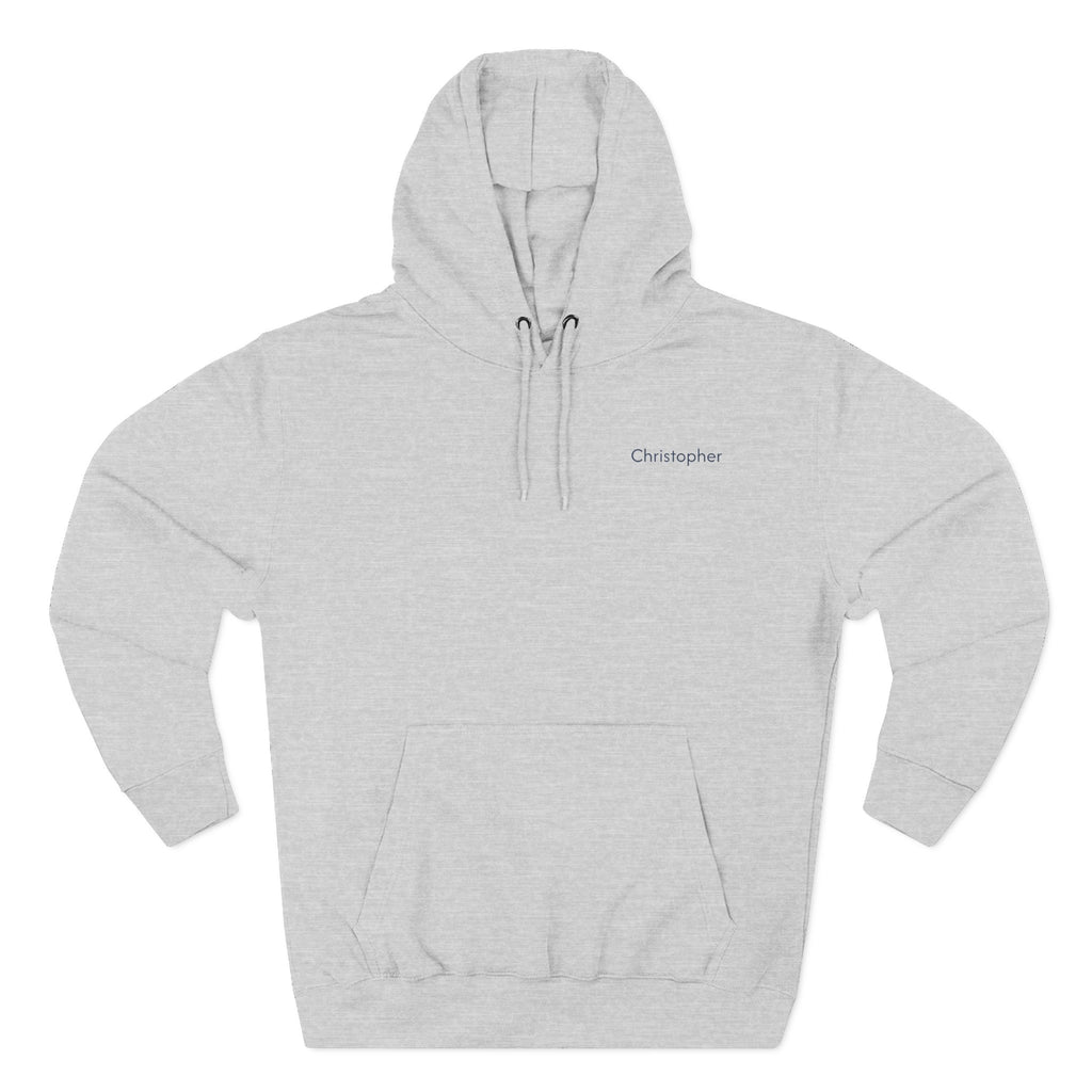 Back view of a light grey personalized(name) hoodie printed with "Just Doing My Daddy Things" and embroidered with "Christopher". Special gift for him.