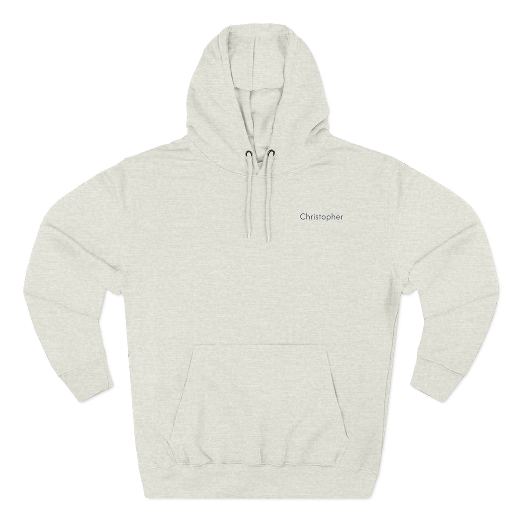Back view of a oatmeal heather personalized(name) hoodie printed with "Just Doing My Daddy Things" and embroidered with "Christopher". Special gift for him.