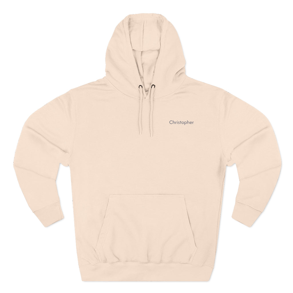 Back view of a pale pink personalized(name) hoodie printed with "Just Doing My Daddy Things" and embroidered with "Christopher". Special gift for him.