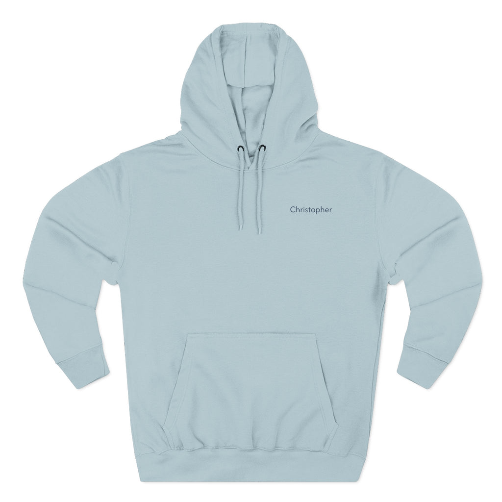Front view of a light blue personalized(name) hoodie printed with "Just Doing My Daddy Things" and embroidered with "Christopher". Special gift for him.