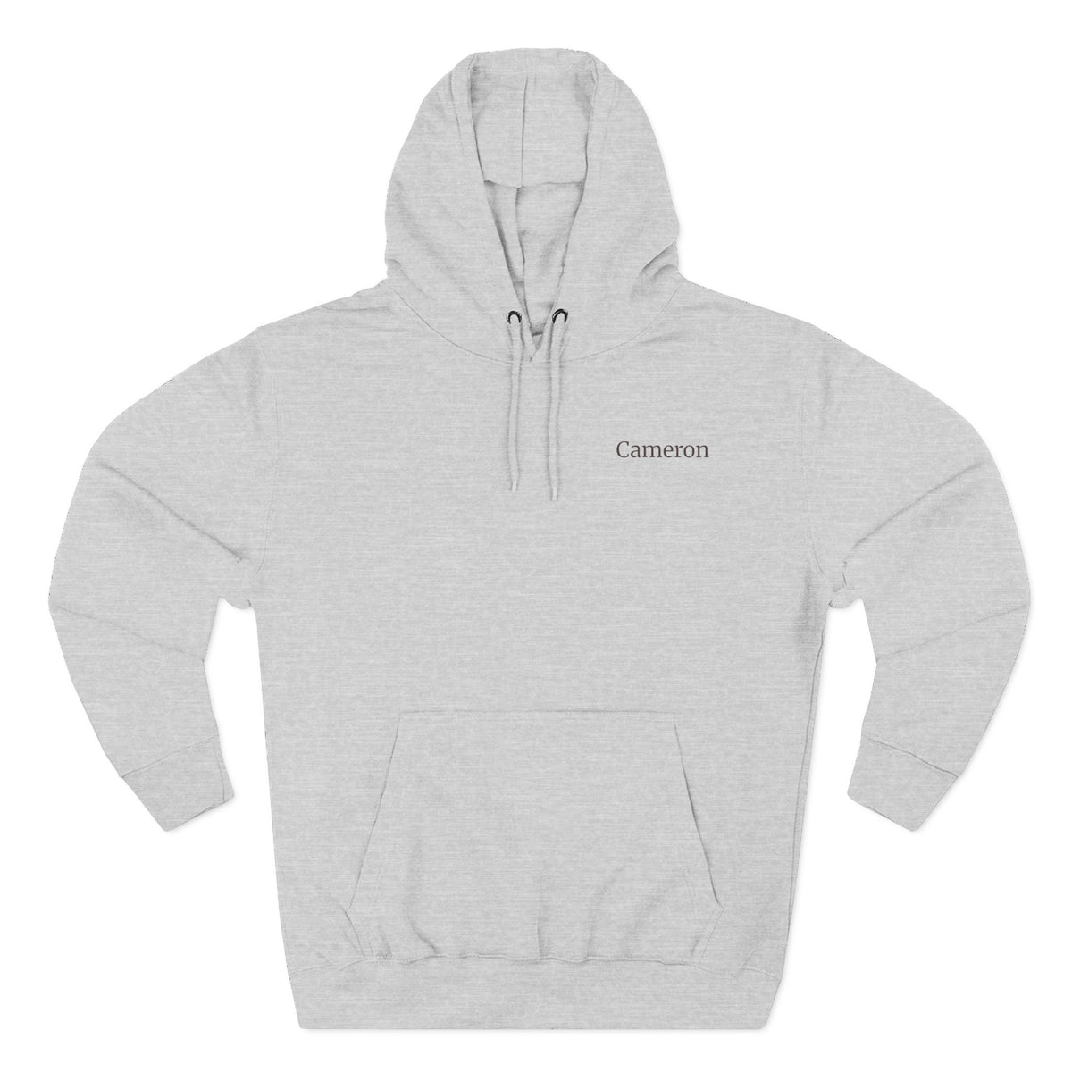 Front view of a light grey personalizable hoodie printed with "Life Is Better by the Campfire" and embroidered with "Cameron". For him, dad, granddad, boyfriend.