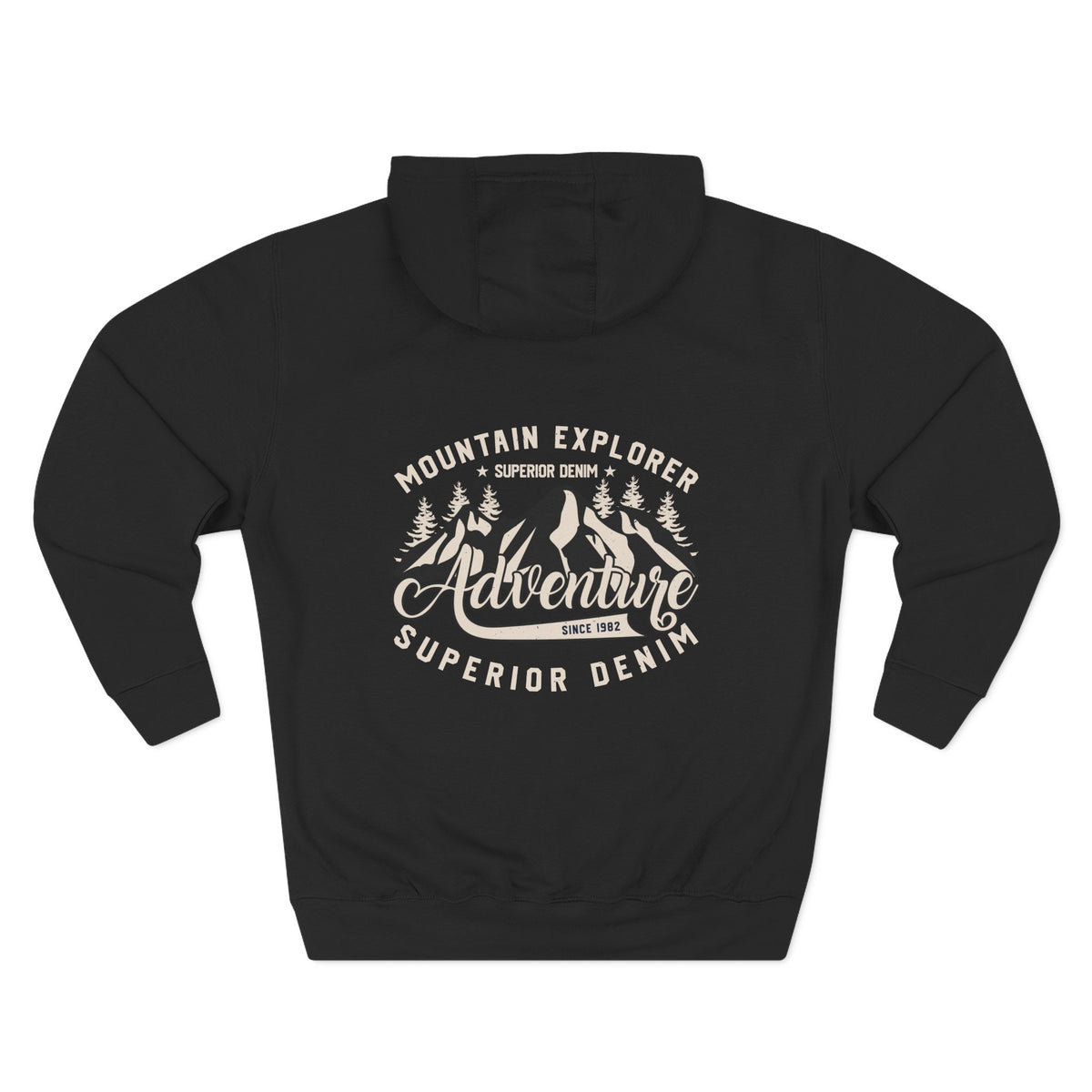 Back view of a black personalized hoodie printed with "Mountain Explorer – Superior Denim, Since 1982" and embroidered with "Christopher". Name is customizable. Special gift for him.