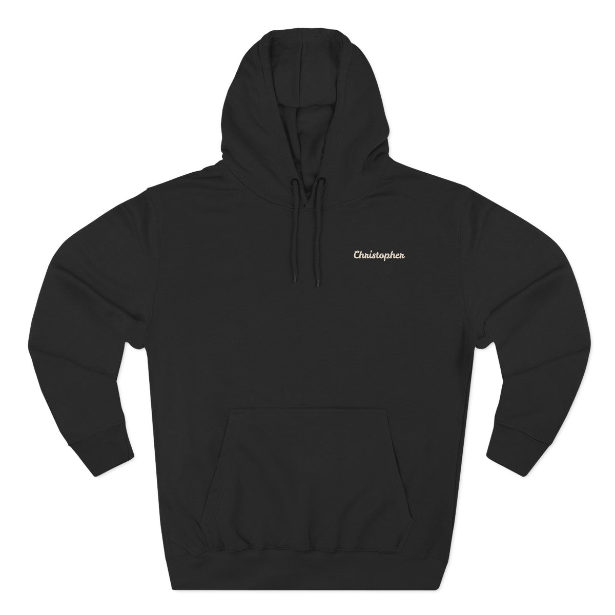 Front view of a black personalized hoodie printed with "Mountain Explorer – Superior Denim, Since 1982" and embroidered with "Christopher". Name is customizable. Special gift for him.