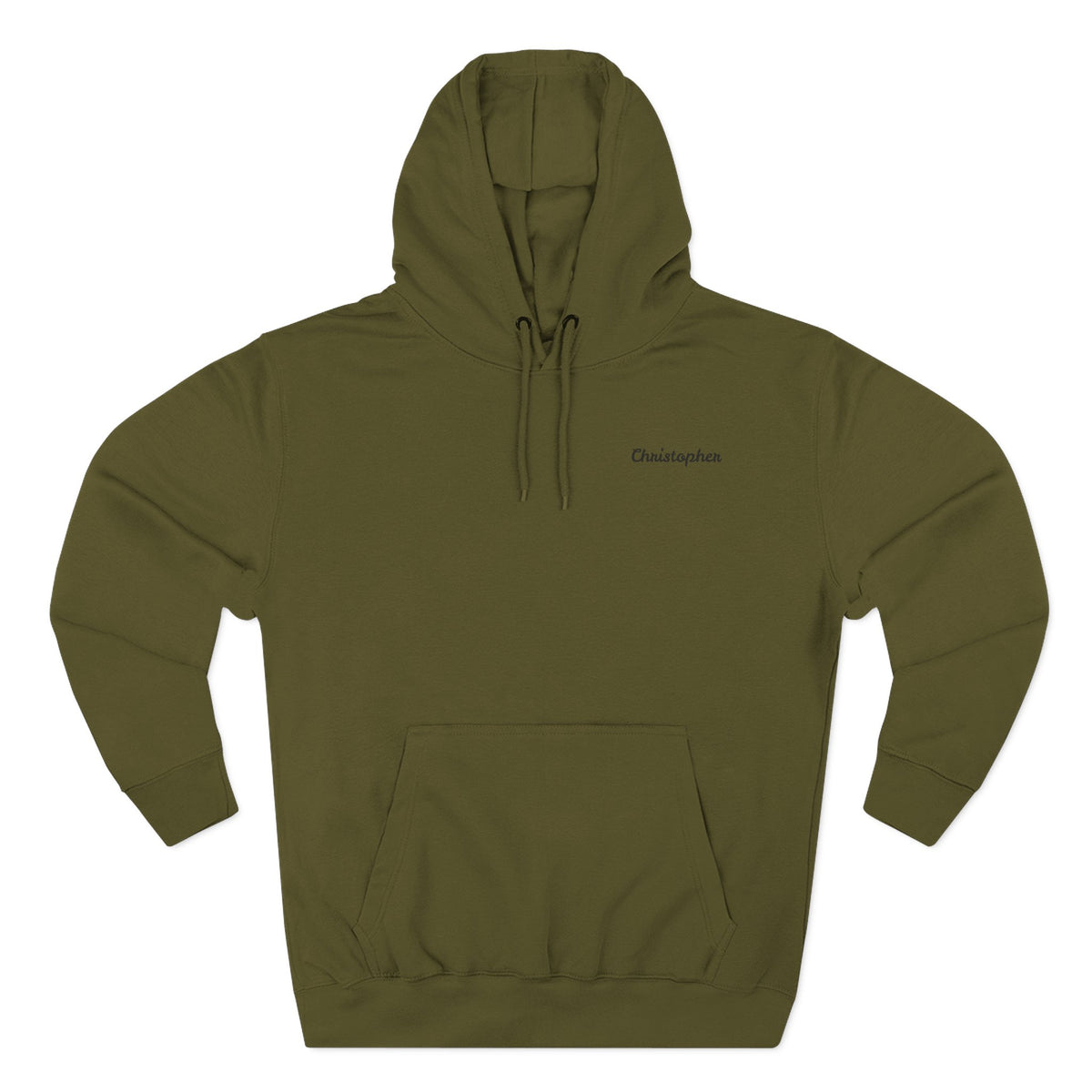 Front view of a green personalized hoodie printed with "Mountain Explorer – Superior Denim, Since 1982" and embroidered with "Christopher". Name is customizable. Special gift for him.