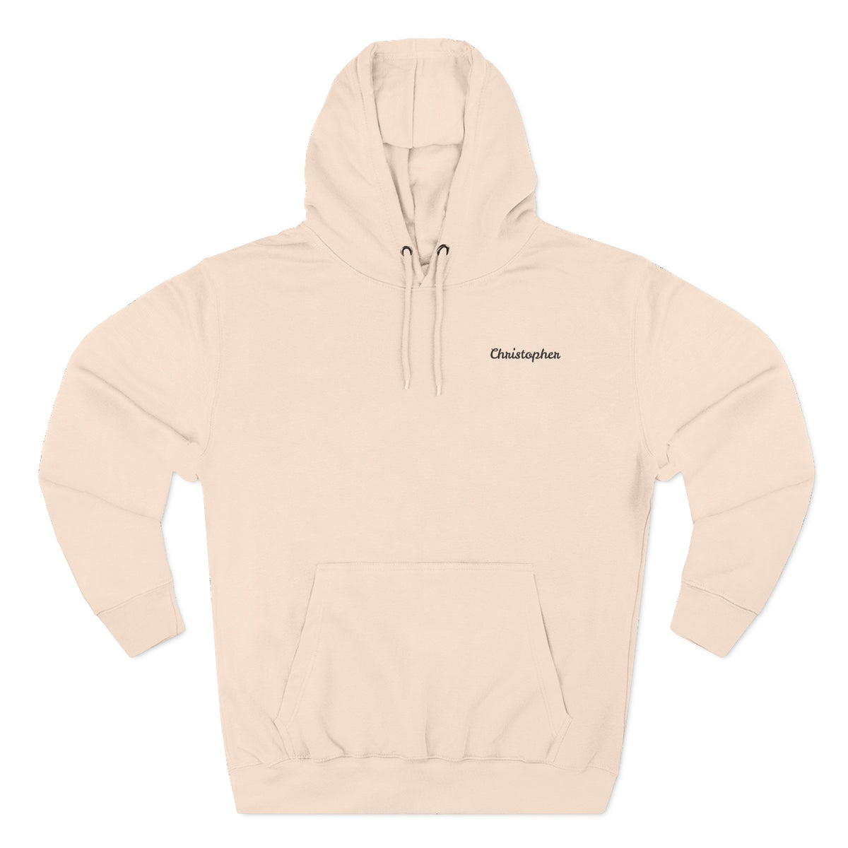 Front view of a pale pink personalized hoodie printed with "Mountain Explorer – Superior Denim, Since 1982" and embroidered with "Christopher". Name is customizable. Special gift for him.