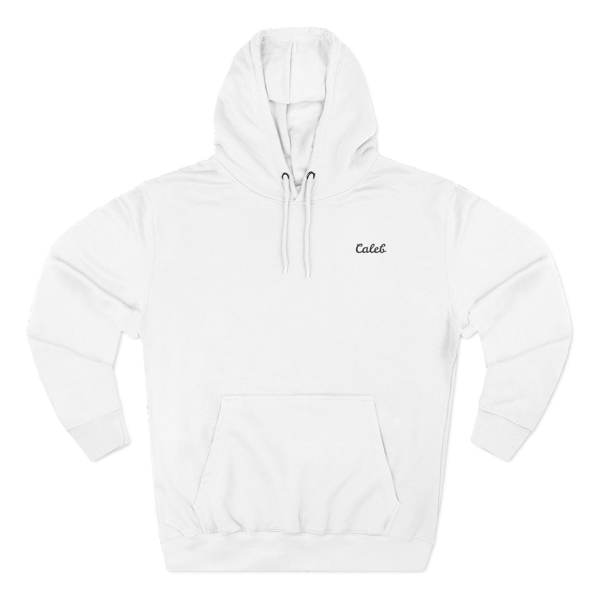 Front view of a white personalized hoodie printed with "My First Hero, My Dad" and embroidered with "Caleb".Name is customizable. Special gift for him.