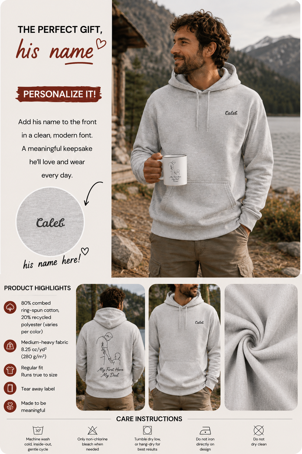 A information collage for a customizable (name) hoodie. The top half shows a man wearing a light gray hoodie with 'Calet' printed on the chest, holding a mug in an outdoor lakeside setting.