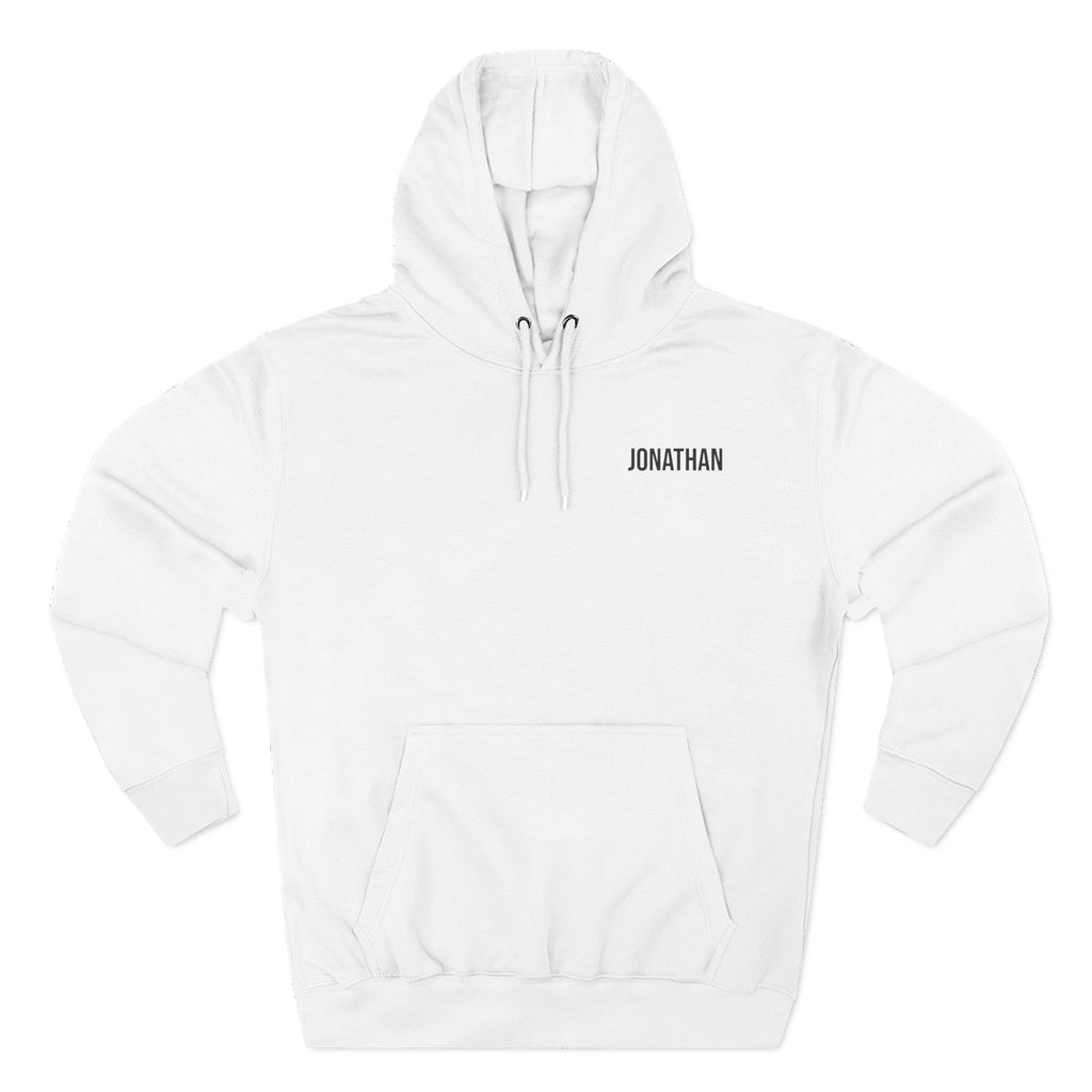Front view of a personalized hoodie in white. The main visual shows a personalizable name printed on the chest, the hoodie has a scenic mountain lake background. Gift for him, dad, boyfriend, grandpa.