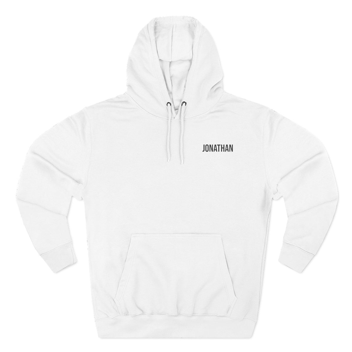 Front view of a personalized hoodie in white. The main visual shows a personalizable name printed on the chest, the hoodie has a scenic mountain lake background. Gift for him, dad, boyfriend, grandpa.