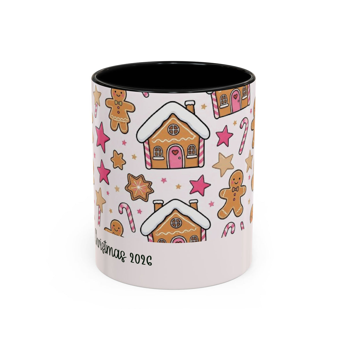Black personalized Gingerbread Family mug, 11oz, front view