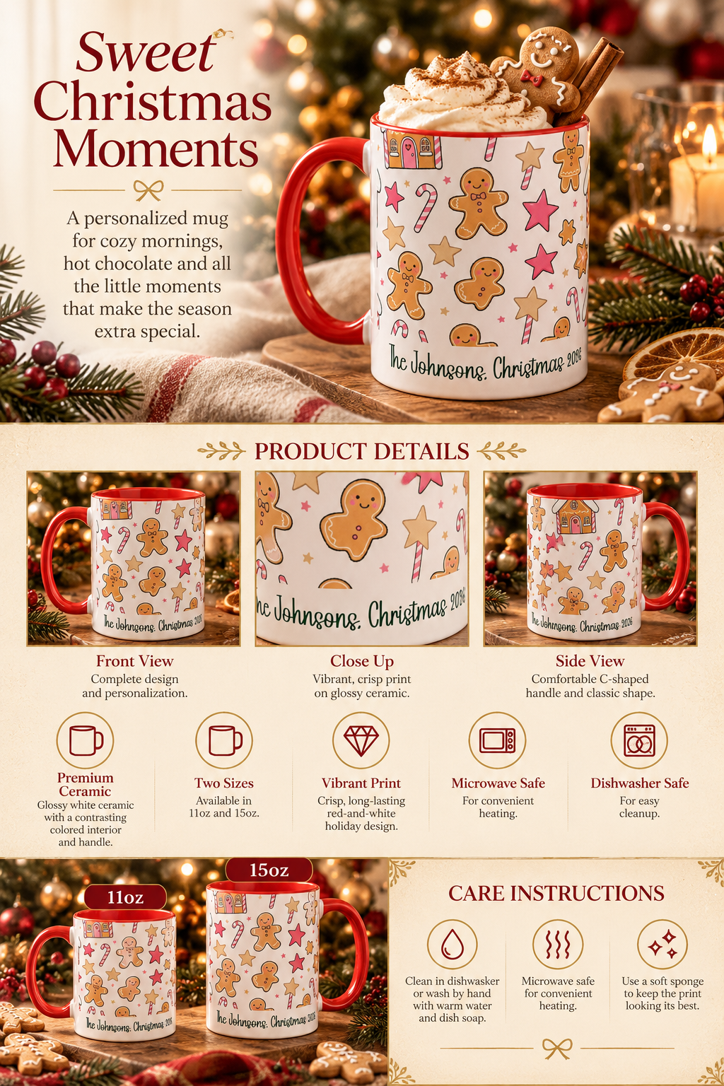 Personalized Gingerbread Family mug infographic with sizes, features and care instructions