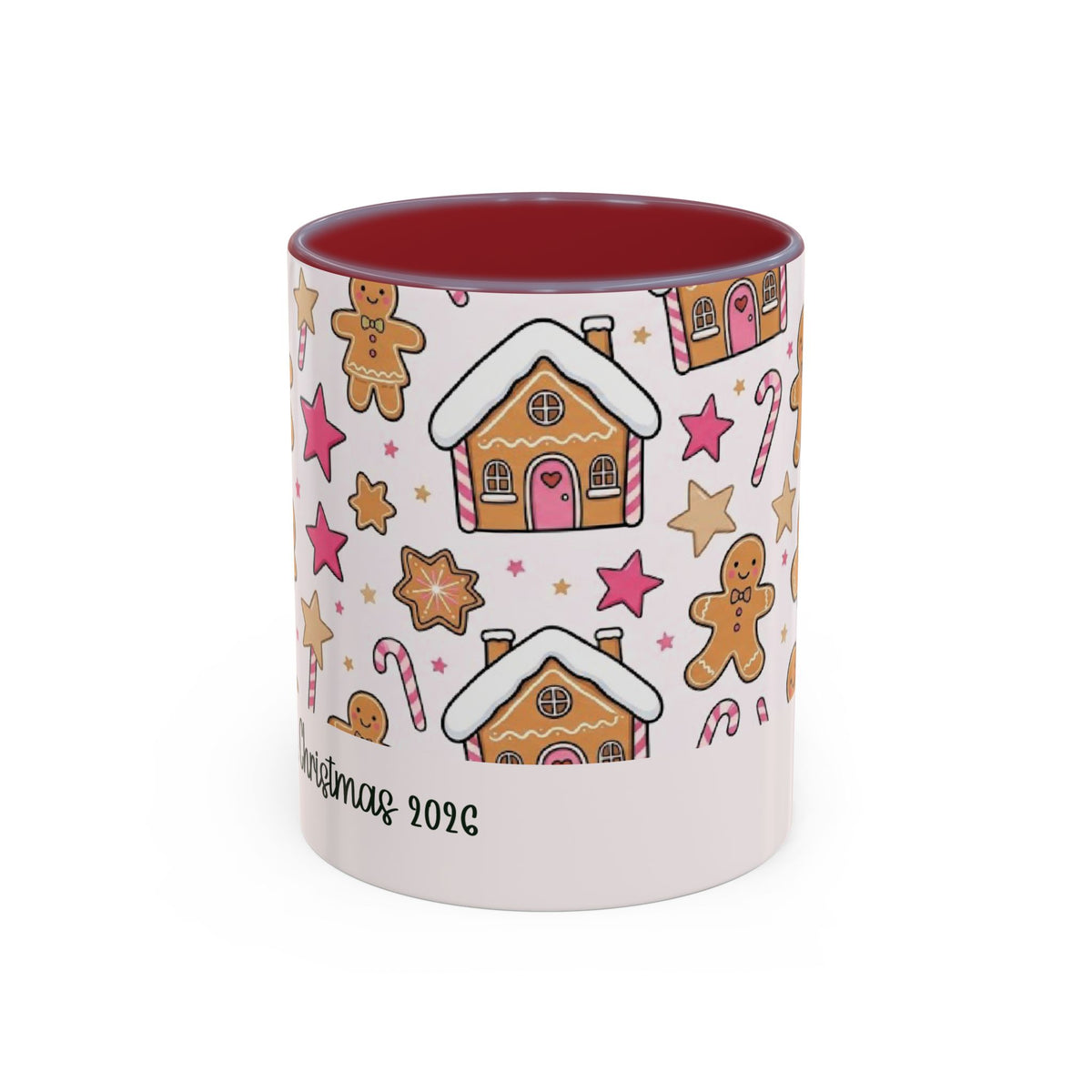 Maroon personalized Gingerbread Family mug, 11oz, front view