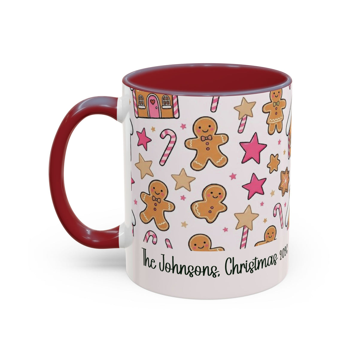 Maroon personalized Gingerbread Family mug, 11oz, side view with handle on the left