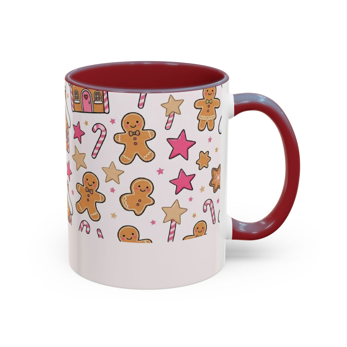 Maroon personalized Gingerbread Family mug, 11oz, side view with handle on the right
