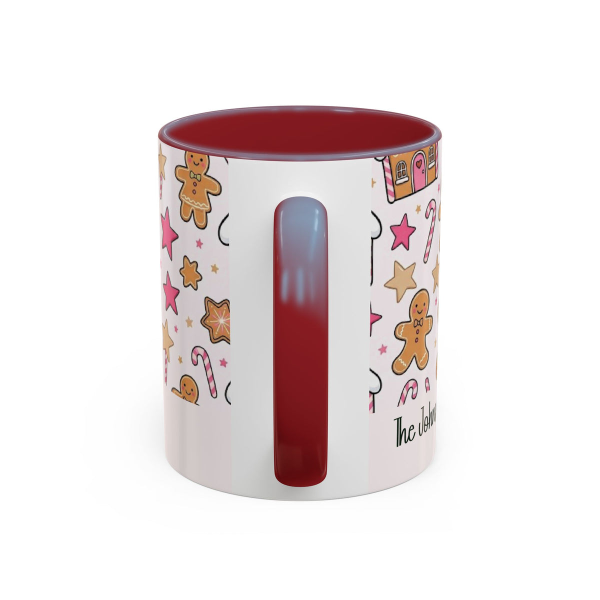 Maroon personalized Gingerbread Family mug, 11oz, handle view