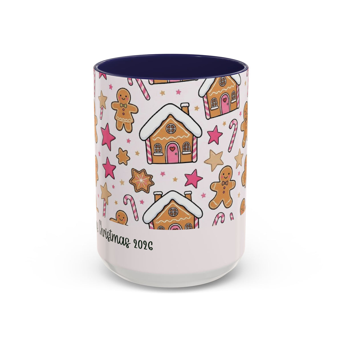Navy personalized Gingerbread Family mug, 15oz, front view