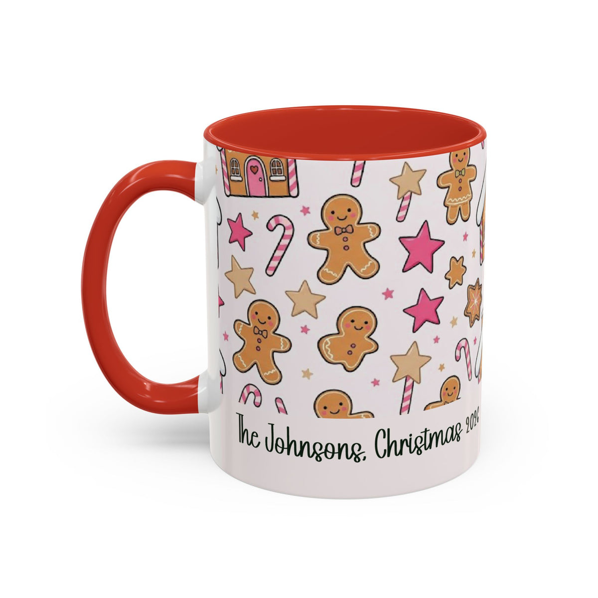 Red personalized Gingerbread Family mug, 11oz, side view with handle on the left