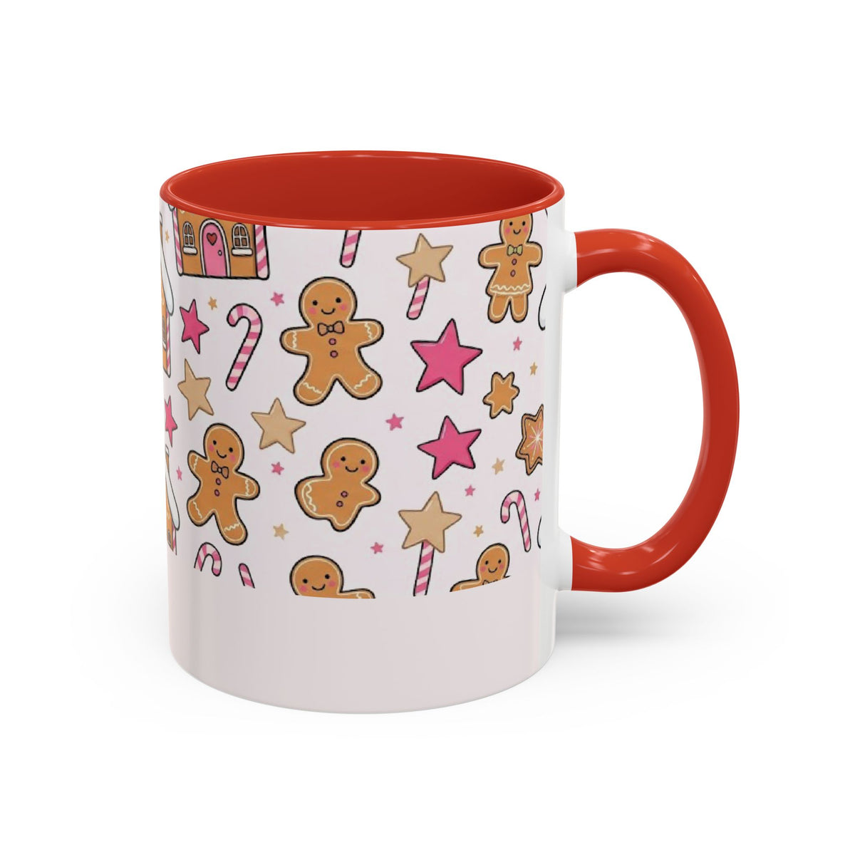 Red personalized Gingerbread Family mug, 11oz, side view with handle on the right