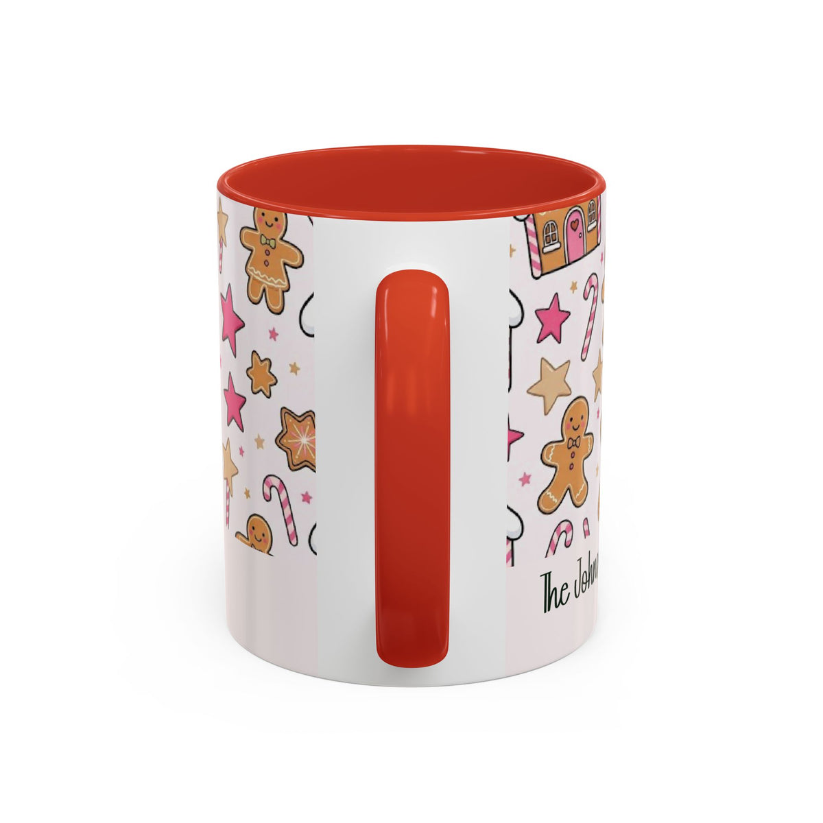 Red personalized Gingerbread Family mug, 11oz, handle view