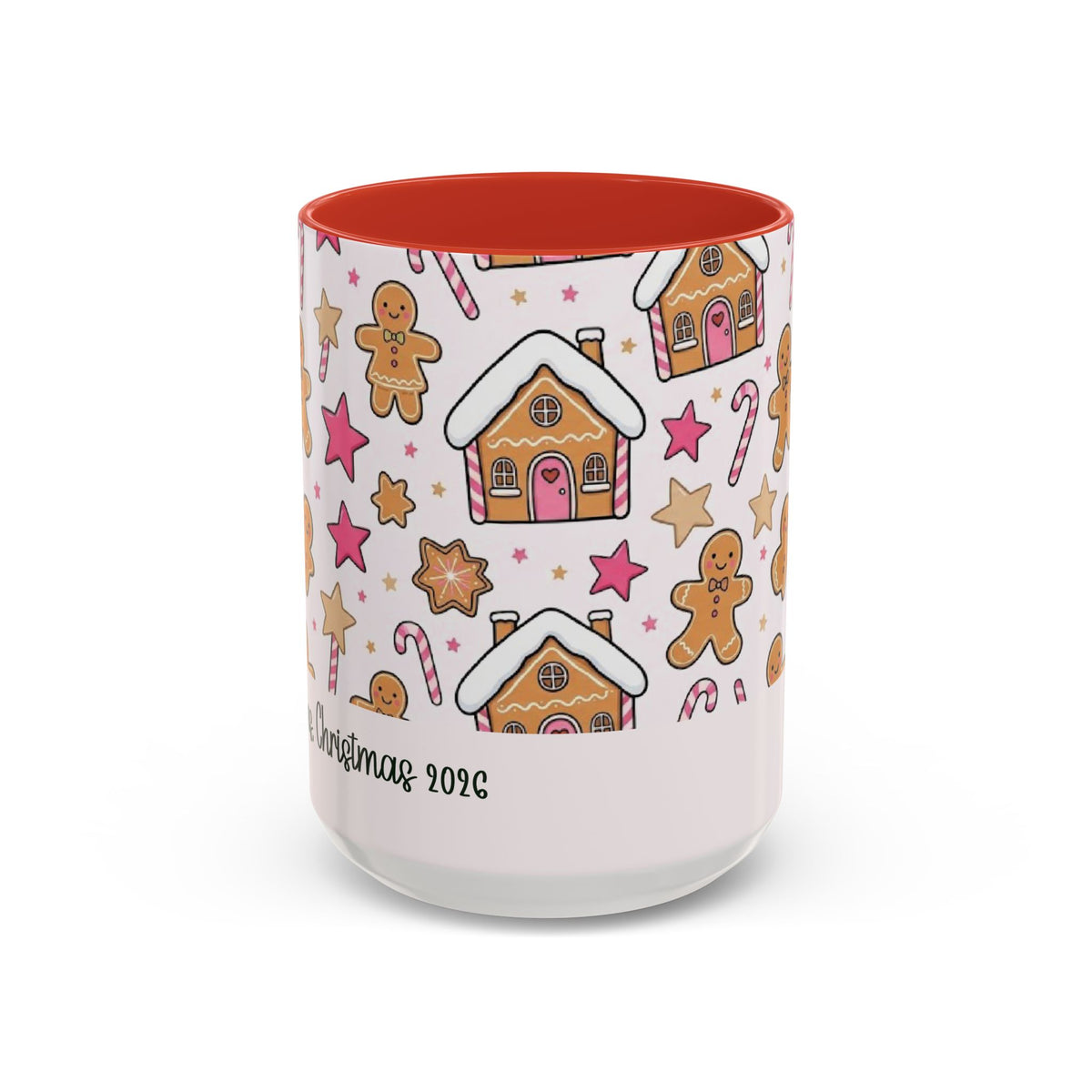 Red personalized Gingerbread Family mug, 15oz, front view
