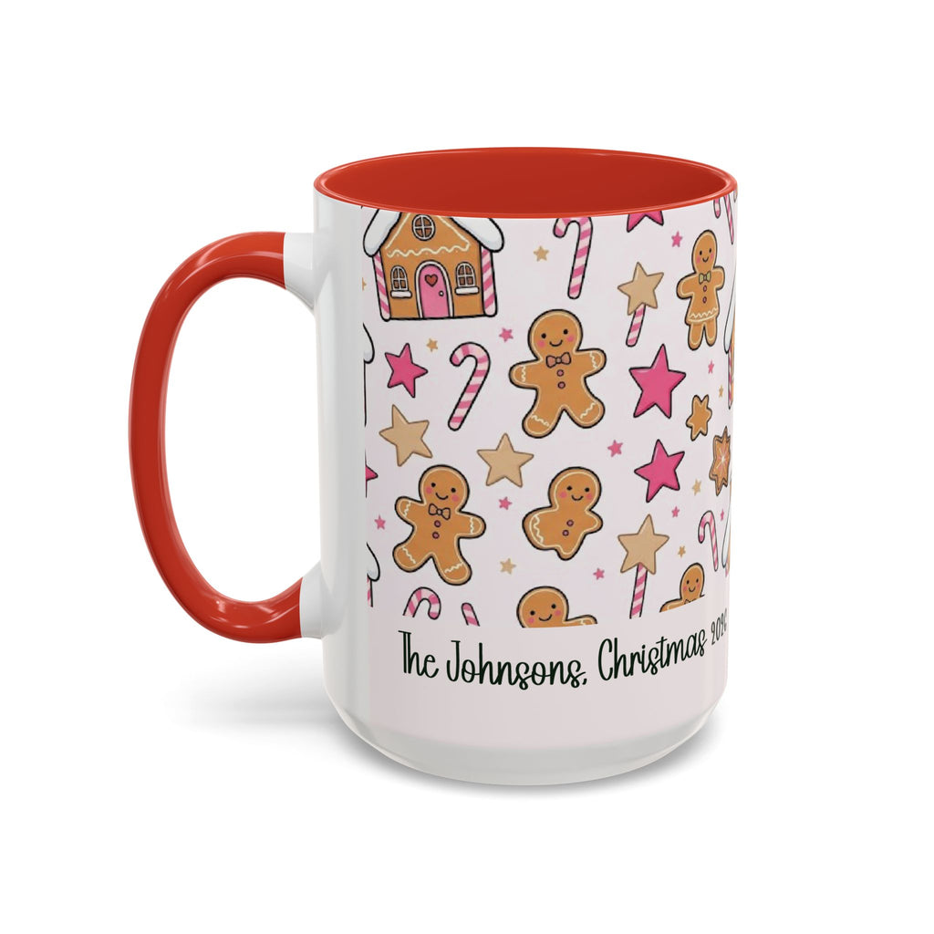 Red personalized Gingerbread Family mug, 15oz, side view with handle on the left