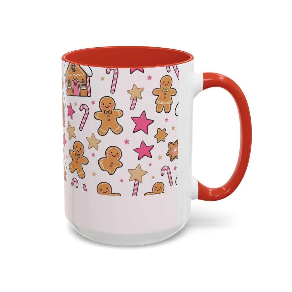 Red personalized Gingerbread Family mug, 15oz, side view with handle on the right