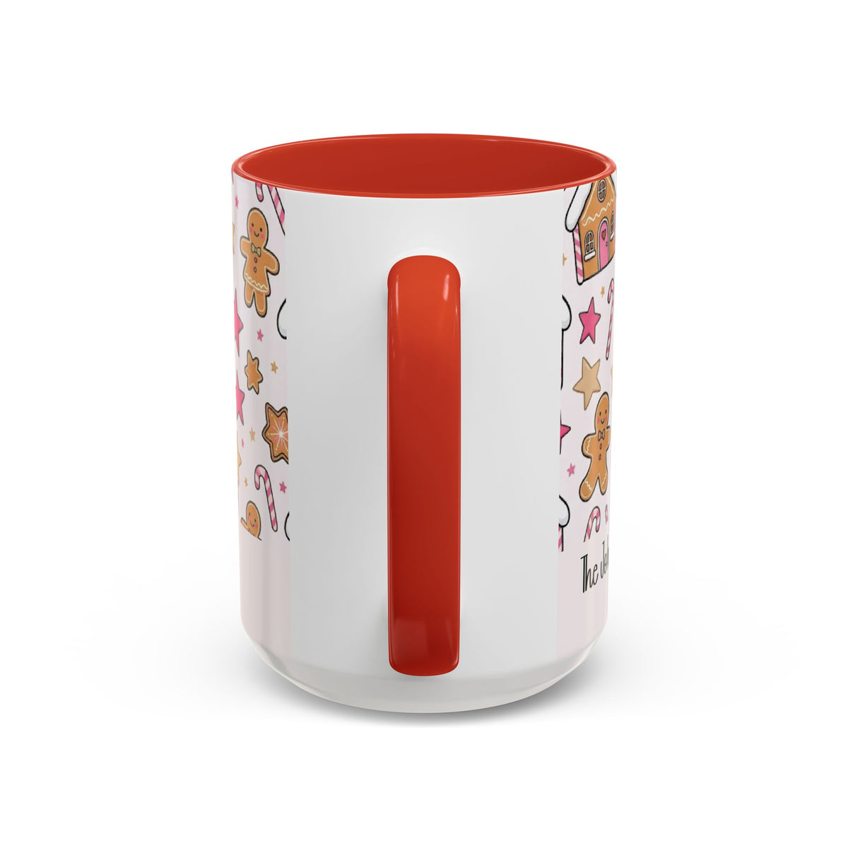 Red personalized Gingerbread Family mug, 15oz, handle view