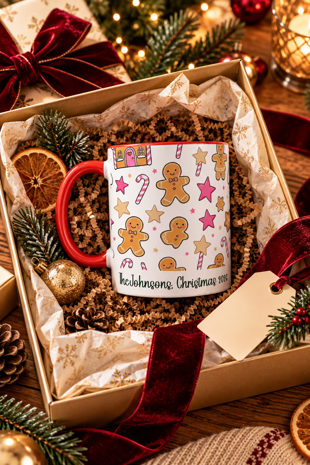 Red personalized Gingerbread Family mug in a Christmas gift box, lifestyle photo