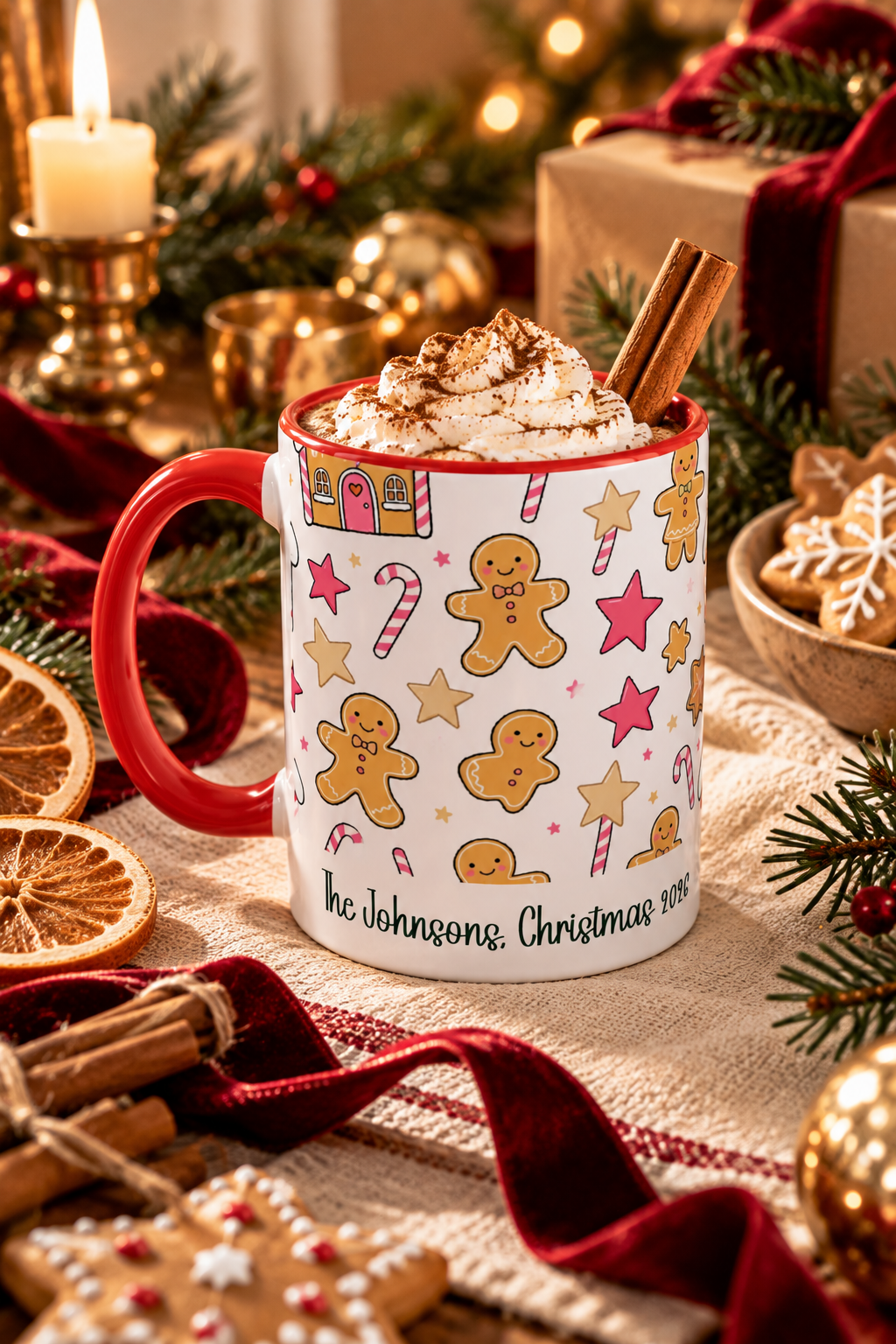 Red personalized Gingerbread Family mug with hot cocoa and Christmas treats, lifestyle photo