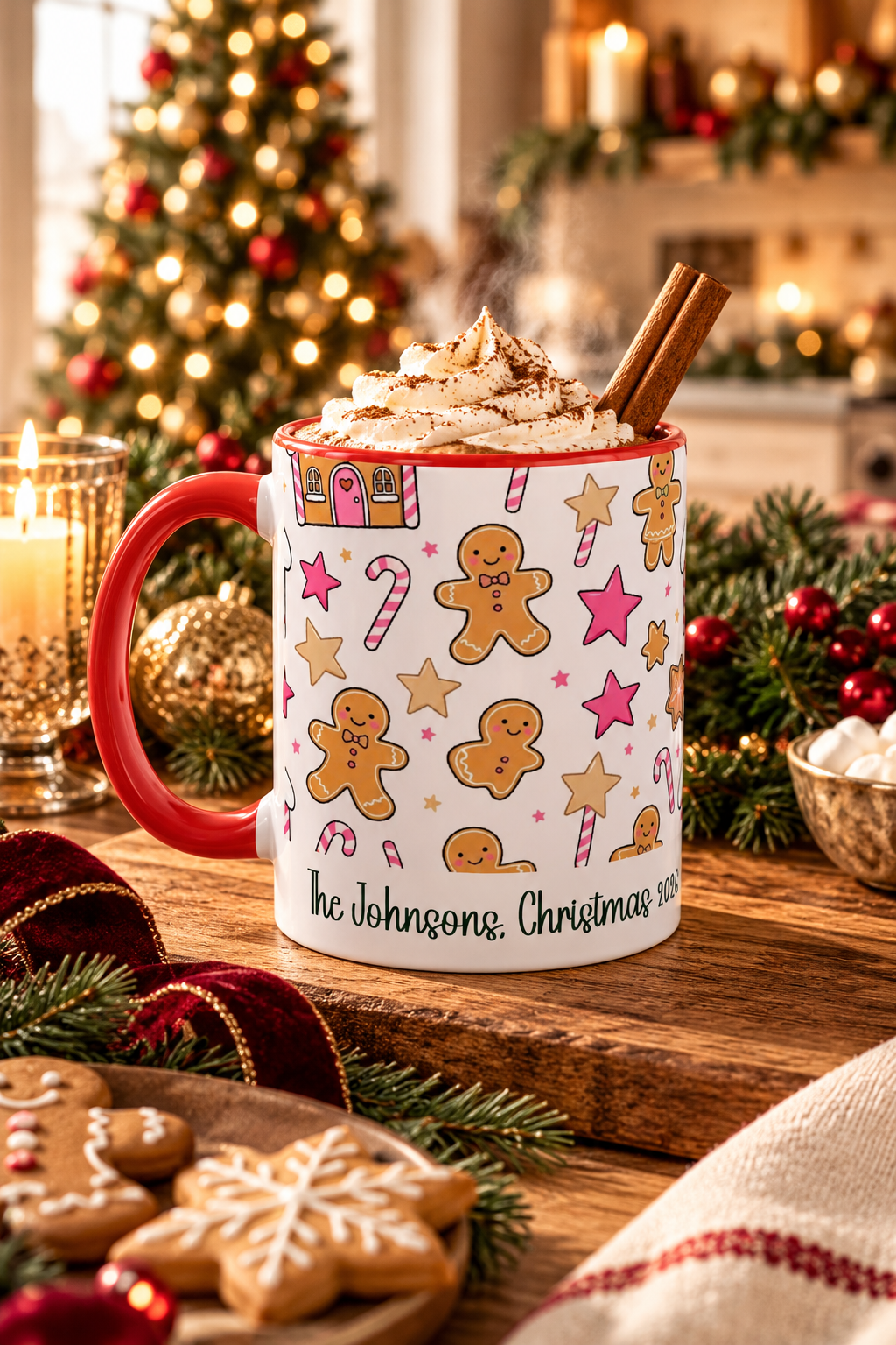 Red personalized Gingerbread Family mug with hot cocoa by the Christmas tree, lifestyle photo