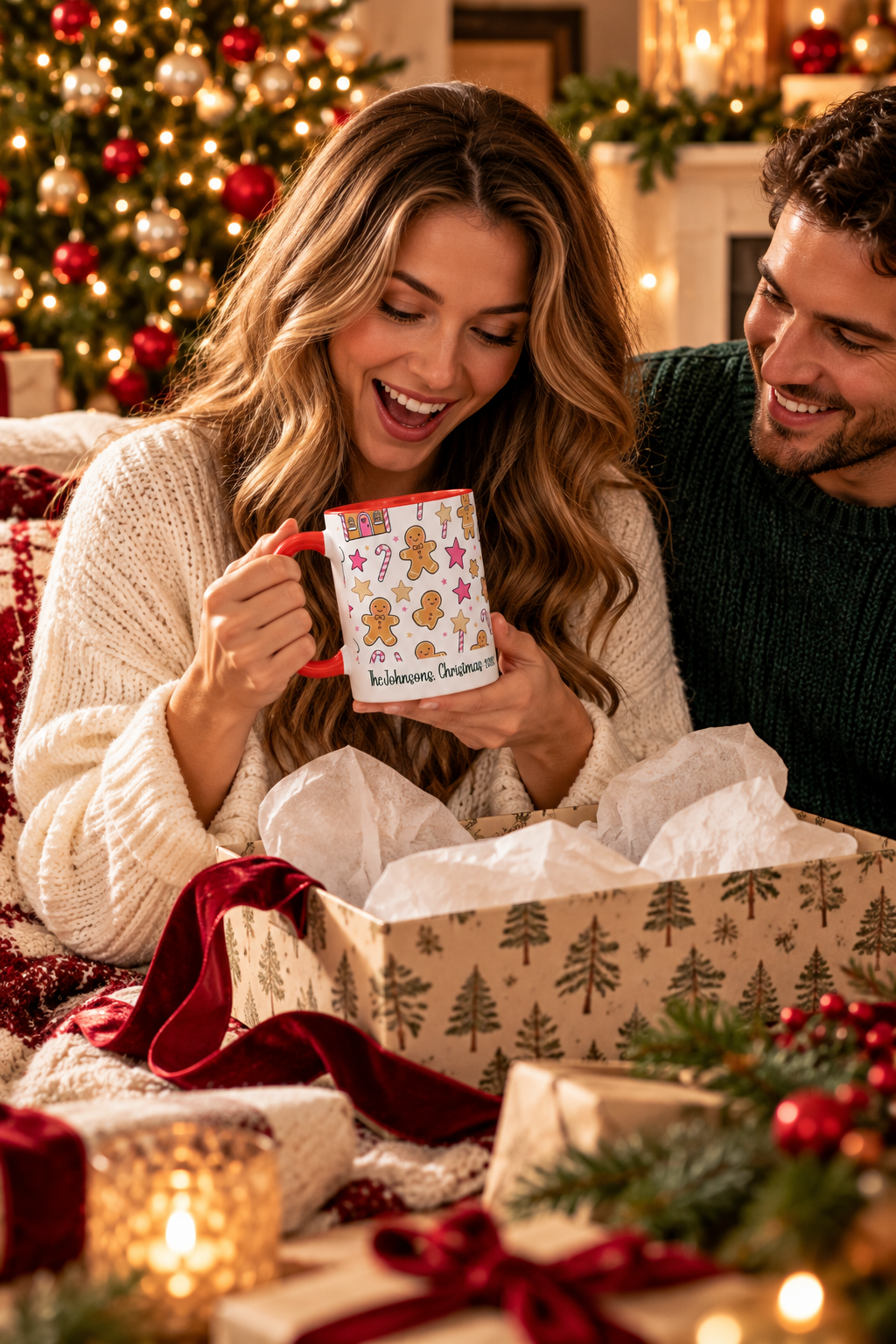 Red personalized Gingerbread Family mug being unwrapped as a Christmas gift, lifestyle photo