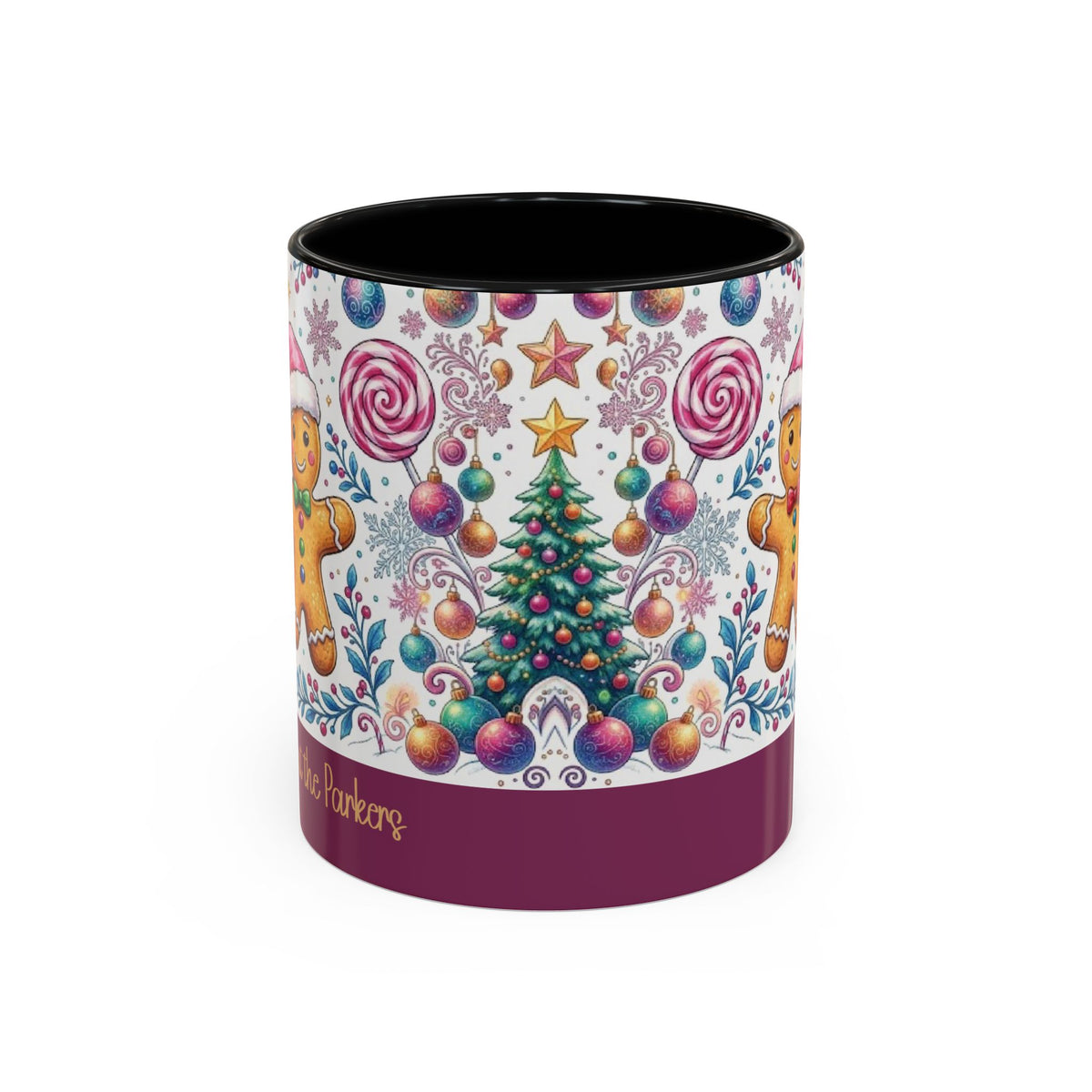 Black personalized Gingerbread Village mug, 11oz, front view