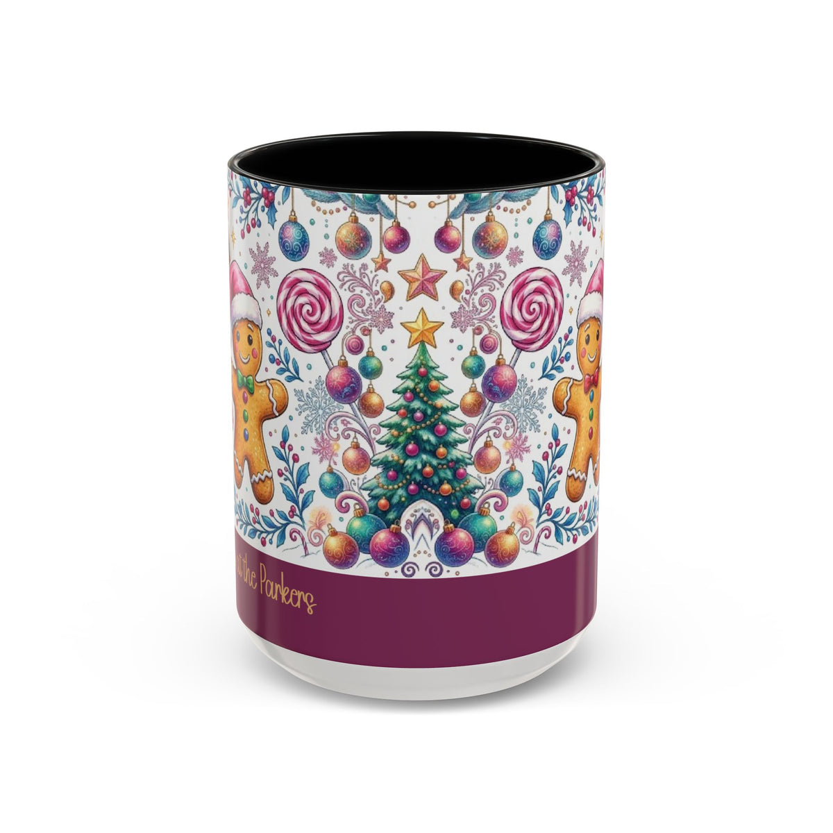 Black personalized Gingerbread Village mug, 15oz, front view