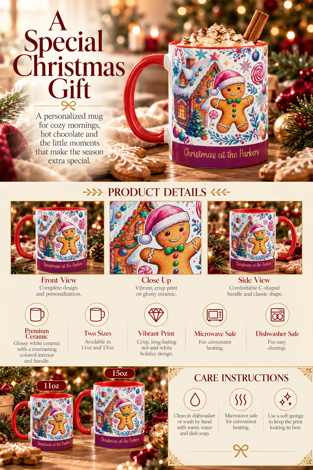 Personalized Gingerbread Village mug infographic with sizes, features and care instructions