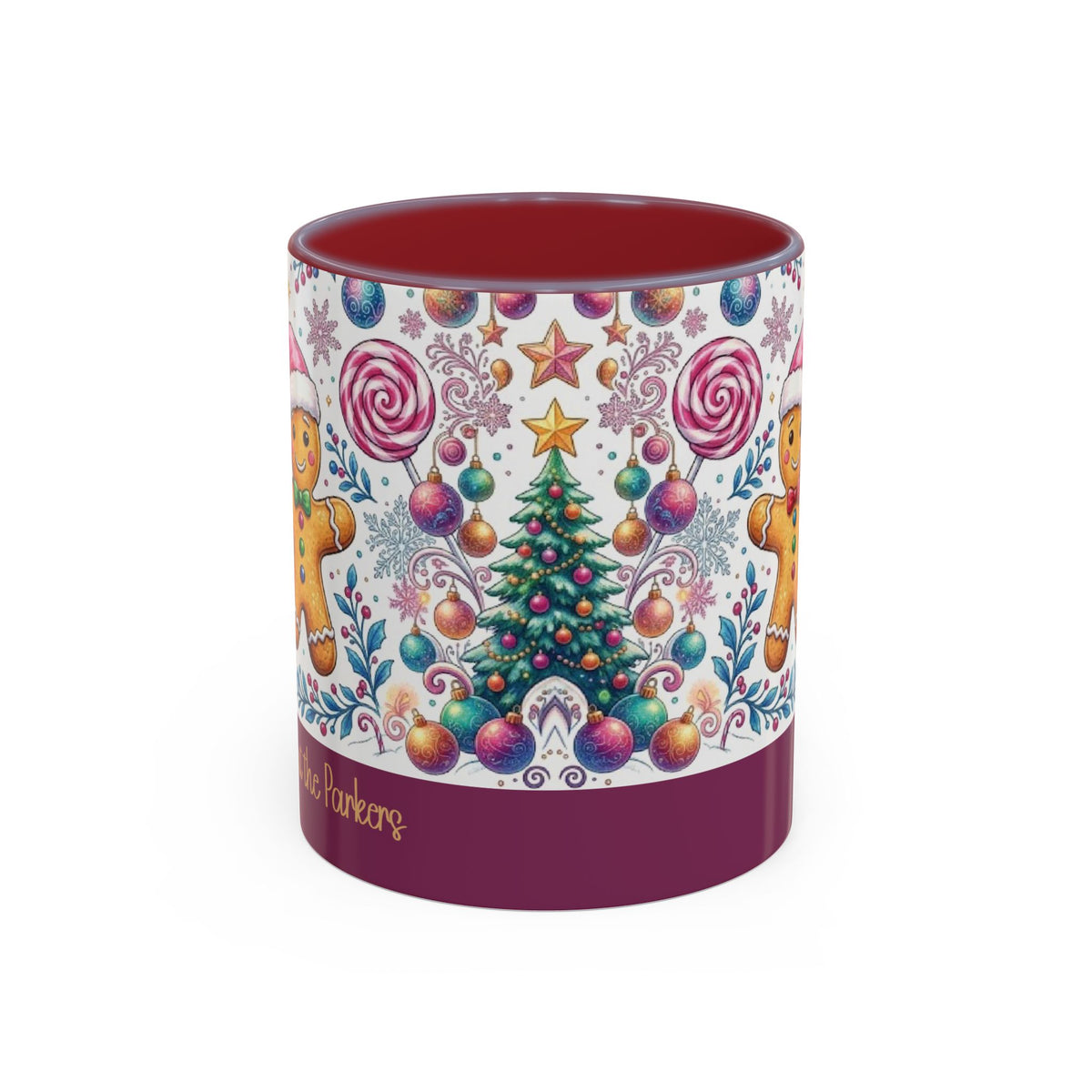 Maroon personalized Gingerbread Village mug, 11oz, front view